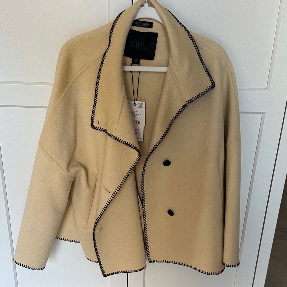 Zara Women's Tan Pea Coat with Black Trim